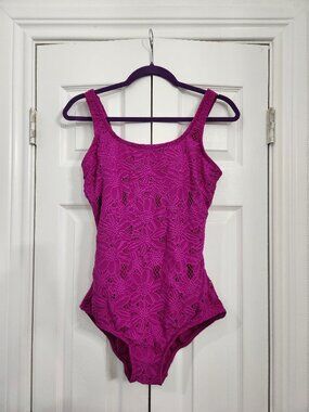 NWOT Fuchsia Lace Floral Lands' End One-Piece Swimsuit